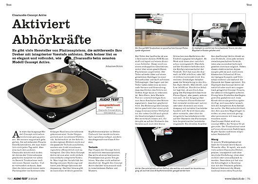 AUDIO TEST 03/19 - Seite 70/71 Clearaudio Concept Active Plattenspieler Test Review Turntable