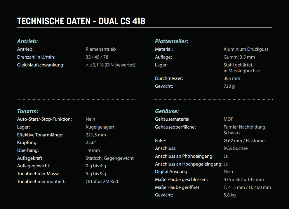 Dual CS 418 manuelle HiFi Plattenspieler Test News 