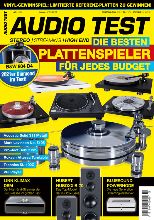 AUDIO TEST Ausgabe 08 2021 Magazin HiFi Heft Kaufen Shop bestellen Abo E-Paper digital Lautsprecher Plattenspieler Auerbach Verlag Test Review November Titelbild Cover