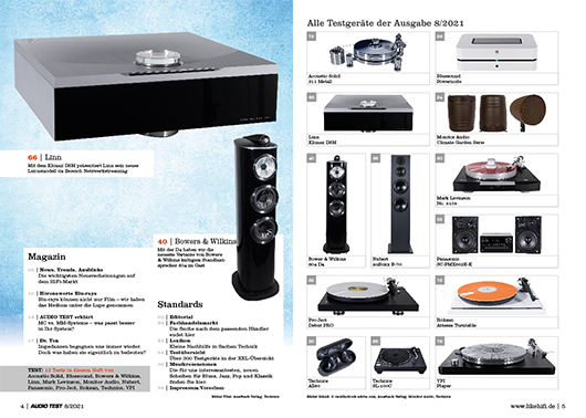 AUDIO TEST Ausgabe 08 2021 Magazin HiFi Heft Plattenspieler Stereo Lautsprecher Auerbach Verlag Test Review November Inhalt