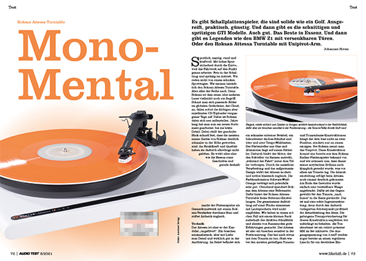 Roksan Attessa Turntable AUDIO TEST Ausgabe 08 2021 Magazin HiFi Heft Plattenspieler Auerbach Verlag Test Review