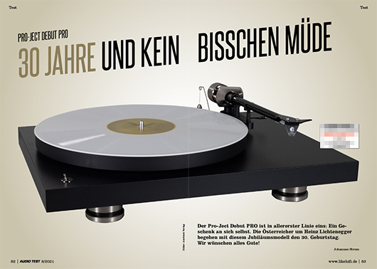 Pro-Ject Debut Pro AUDIO TEST Ausgabe 08 2021 Magazin HiFi Heft Plattenspieler Auerbach Verlag Test Review