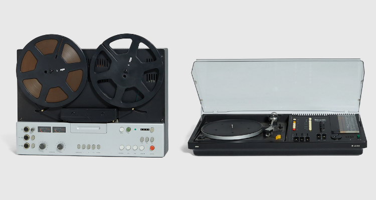 Ikonische HiFi Produkte aus der Braun Historie wie das Tonbandgerät TG 1000 oder der Braun Audio 308 Plattenspieler. © Highsnobiety