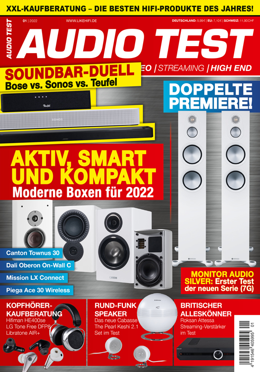 AUDIO TEST Ausgabe 01 2022 Magazin HiFi Heft Kaufen Shop bestellen Abo E-Paper digital Lautsprecher Soundbar Aktivlautsprecher Auerbach Verlag Test Review Dezember Titelbild Cover