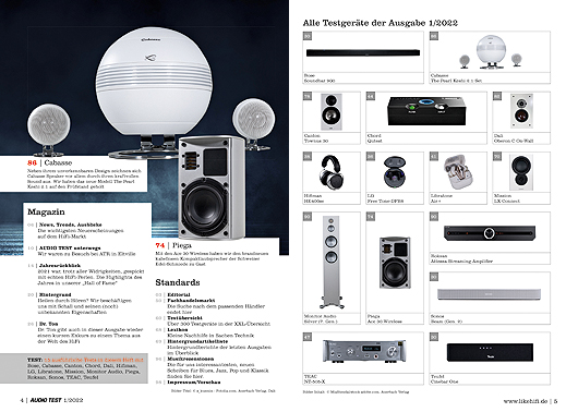 AUDIO TEST Ausgabe 01 2022 Magazin HiFi Heft Soundbars Aktivlautsprecher Speaker Stereo Lautsprecher Auerbach Verlag Test Review Dezember Inhalt