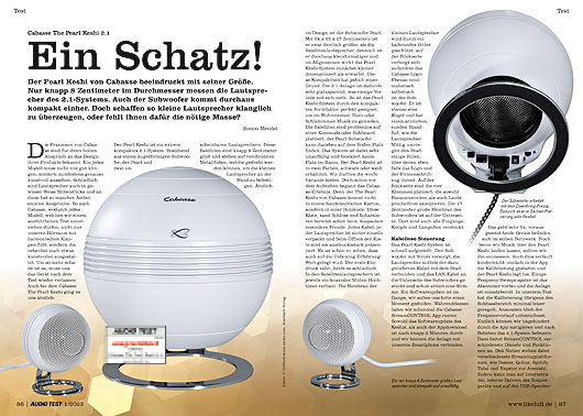 AUDIO TEST Ausgabe 01 2022 Cabasse Pearl Keshi Magazin HiFi Heft Aktivlautsprecher Speaker  Lautsprecher Auerbach Verlag Test Review Dezember Inhalt