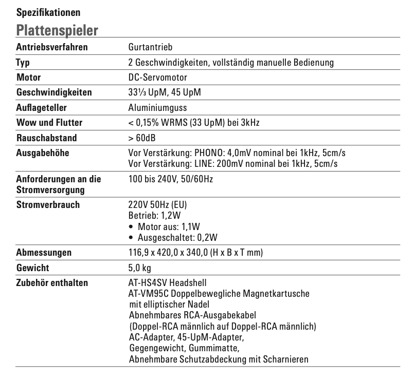 Audio-Technica AT-LPW30BK-Plattenspieler Spezifikationen