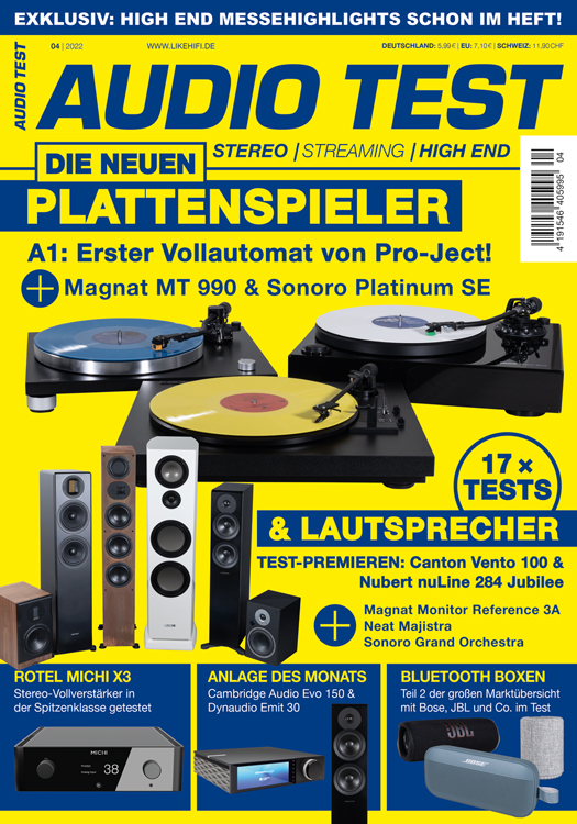 AUDIO TEST Ausgabe 04 2022 HiFi Review Magazin Heft Kaufen Shop bestellen Abo E-Paper digital Lautsprecher Plattenspieler Auerbach Verlag Mai Titelbild Cover