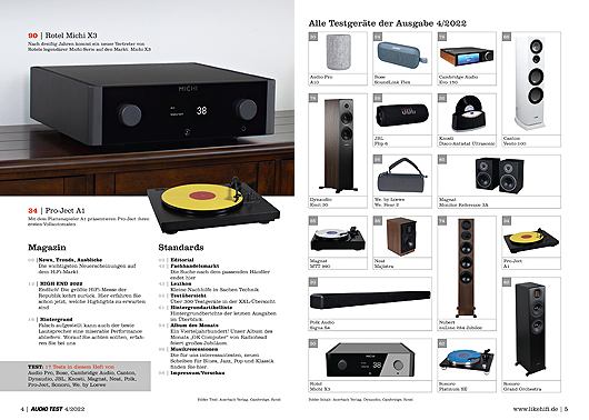 AUDIO TEST Ausgabe 04 2022 Magazin HiFi Heft Plattenspieler Anlage Stereo Lautsprecher Auerbach Verlag Test Review Mai Inhalt