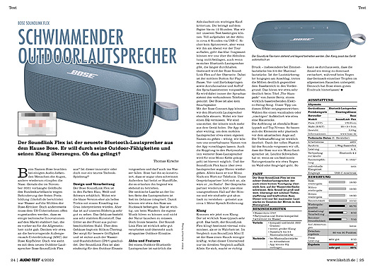 AUDIO TEST Ausgabe 04 2022 Magazin HiFi Heft Bose SoundLink Flex Bluetooth WLAN Speaker Stereo Lautsprecher Auerbach Verlag Test Review Mai March Inhalt