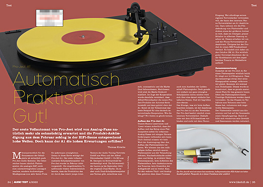 AUDIO TEST Ausgabe 04 2022 Magazin HiFi Heft Pro-Ject A1 Automat Plattenspieler Auerbach Verlag Test Review Mai Inhalt