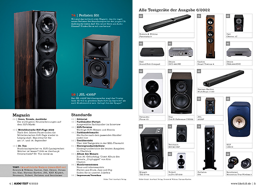 AUDIO TEST Ausgabe 06 2022 Magazin HiFi Heft Lautsprecher Soundbars Aktiv Studio Monitor Stereo Auerbach Verlag Test Review August September Inhalt