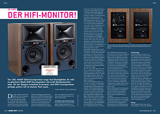 AUDIO TEST Ausgabe 06 2022 Magazin HiFi Heft Lautsprecher Soundbars Aktiv Studio Monitor Stereo Auerbach Verlag Test Review August September JBL 4305P