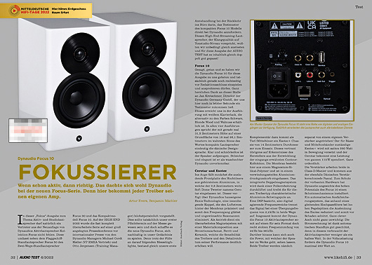 AUDIO TEST Ausgabe 06 2022 Magazin HiFi Heft Lautsprecher Soundbars Aktiv Studio Monitor Stereo Auerbach Verlag Test Review August September Dynaudio Focus 10