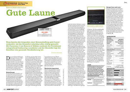 AUDIO TEST Ausgabe 06 2022 Magazin HiFi Heft Lautsprecher Soundbars Aktiv Studio Monitor Stereo Auerbach Verlag Test Review August September B&W Panorama Soundbar