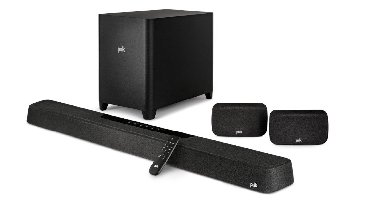 Zum Polk Audio MagniFi Max AX SR System gehört die Soundbar, der 10 Zoll Subwoofer sowie zwei Wireless Surround-Lautsprecher.
