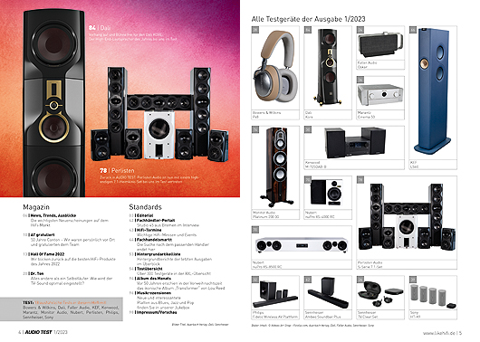 AUDIO TEST Ausgabe 01 2023 Magazin HiFi Heft High End Stereo Auerbach Verlag Test Review Dezember Inhalt