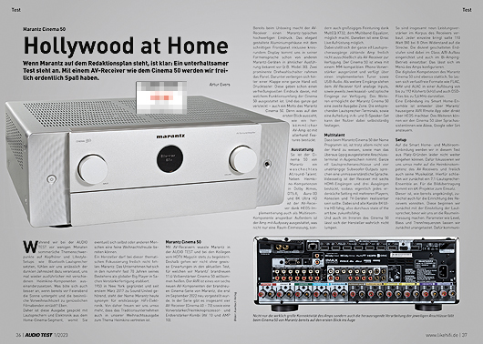 AUDIO TEST Ausgabe 01 2023 Magazin HiFi Heft Lautsprecher Marantz Cinema 50 AV-Receiver AVR Heimkino HiFi Test Review