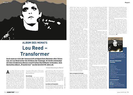 Lou Reed Transformer Album Monats 2022 AUDIO TEST Ausgabe 01 2023 Magazin HiFi Heft Lautsprecher  HiFi Test Review