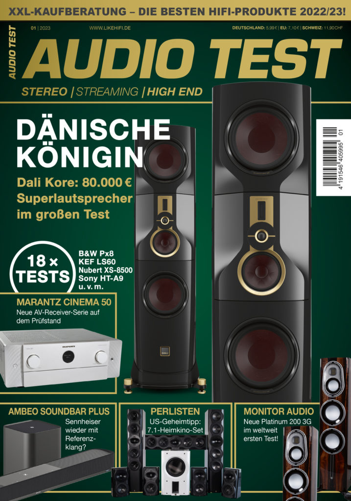 AUDIO TEST Ausgabe 01 2023 HiFi Review Magazin Heft Kaufen Shop bestellen Abo E-Paper digital Dali Kore Auerbach Verlag Dezember Titelbild Cover