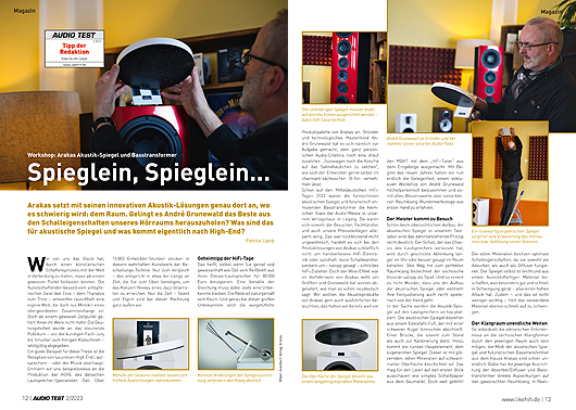 AUDIO TEST Ausgabe 02 2023 Magazin HiFi Heft Lautsprecher Arakas Spiegel Akustik Basstransformer Workshop Review HiFi