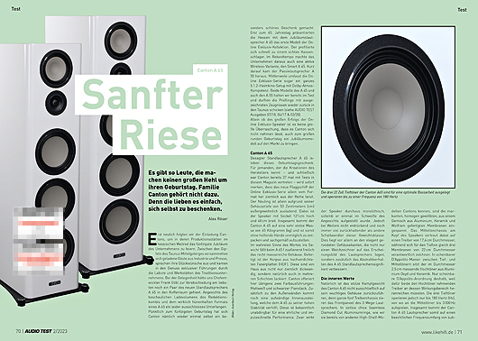 AUDIO TEST Ausgabe 02 2023 Magazin HiFi Heft Lautsprecher Canton A 65 Review HiFi