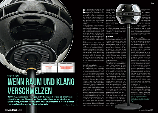 AUDIO TEST Ausgabe 02 2023 Magazin HiFi Heft Lautsprecher Aktiv Studio Syng Cell Alpha Review HiFi