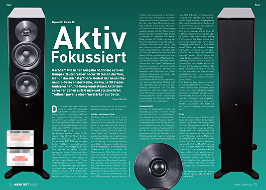AUDIO TEST Ausgabe 03 2023 Magazin HiFi Heft Lautsprecher Dynaudio Focus 30 Aktivlautsprecher Review HiFi