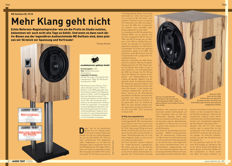 AUDIO TEST Ausgabe 01 2024 Magazin HiFi Retro Me Geithain RL 921K Lautsprecher