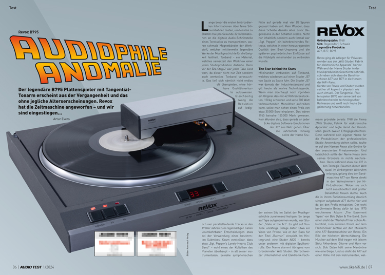 AUDIO TEST Ausgabe 01 2024 Magazin HiFi Retro Revox B795 B791 Plattenspieler Tangential