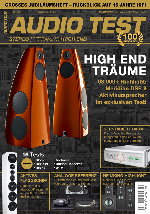 AUDIO TEST Ausgabe 02 2024 Titelbild Cover Magazin HiFi Anlagen High End Meridian DSP9
