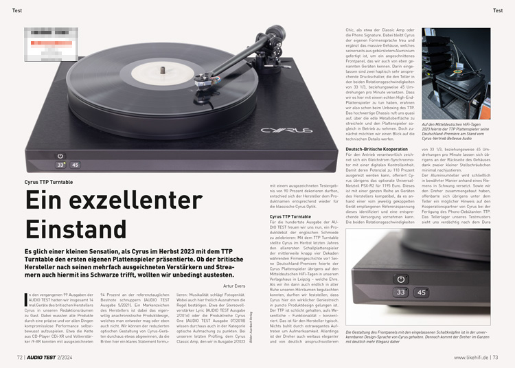 AUDIO TEST Ausgabe 02 2024 Magazin HiFi Cyrus TTP Turntable Plattenspieler