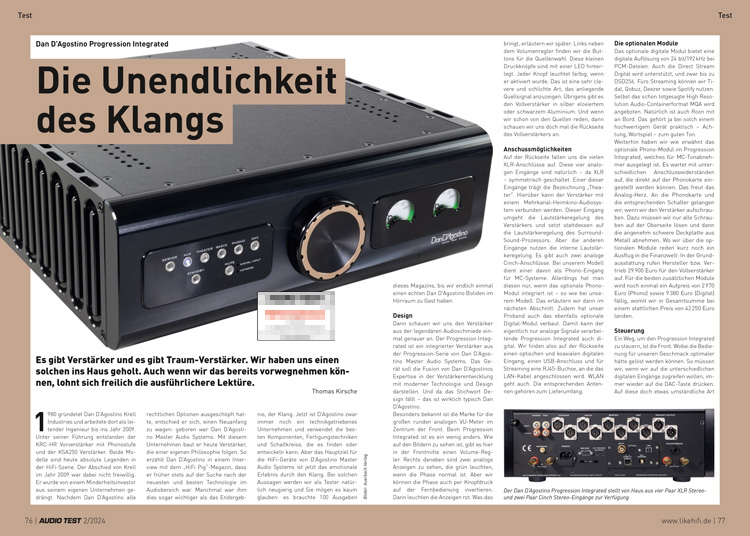 AUDIO TEST Ausgabe 02 2024 Magazin HiFi Dan D'Agostino Progression Integrated Vollverstärker