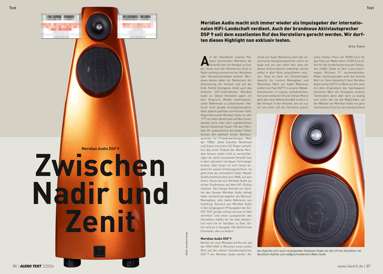 AUDIO TEST Ausgabe 02 2024 Magazin HiFi Meridian DSP9 Lautsprecher Aktivlautsprecher High End