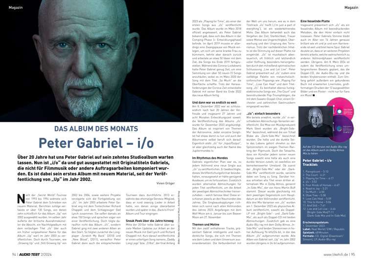 AUDIO TEST Ausgabe 02 2024 Magazin Album des Monats Peter Gabriel i/o