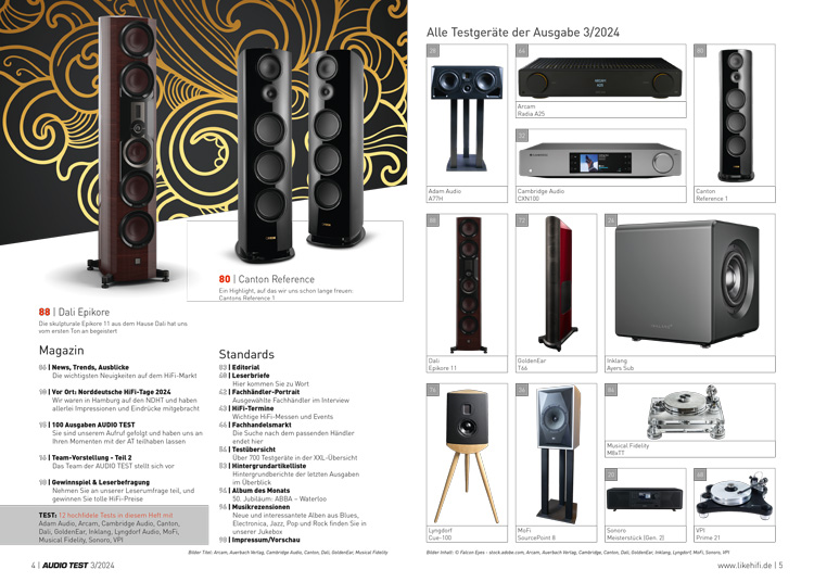 AUDIO TEST Ausgabe 03 2024 Magazin Inhalt High End Lautsprecher Verstärker Plattenspieler