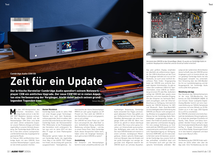 AUDIO TEST Ausgabe 03 2024 Magazin Cambridge Audio CXN100 Streamer