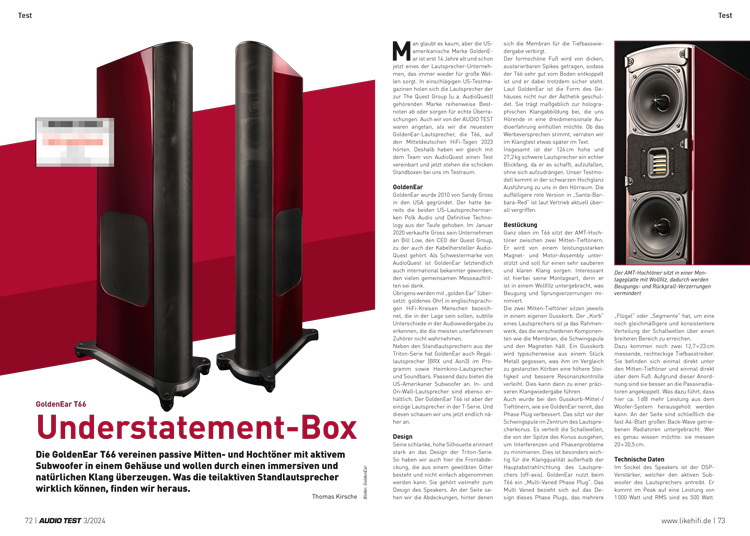 AUDIO TEST Ausgabe 03 2024 Magazin Lautsprecher GoldenEar T66