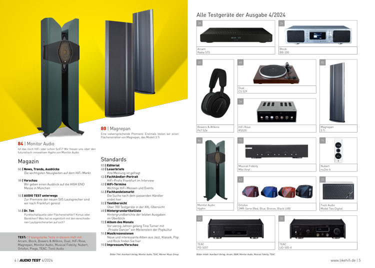 AUDIO TEST Ausgabe 04 2024 Magazin Inhalt High End Lautsprecher Verstärker Plattenspieler