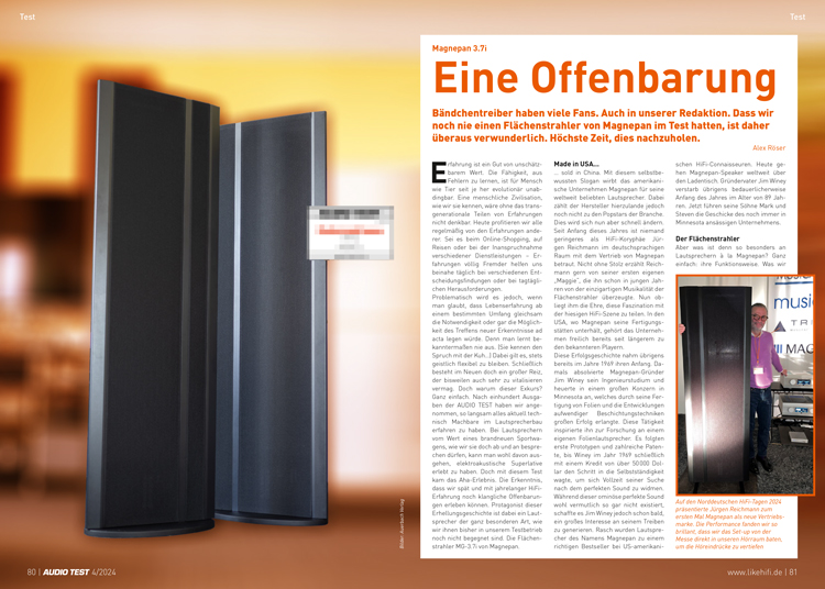 AUDIO TEST Ausgabe 04 2024 Magazin Lautsprecher Magnepan 3.7i