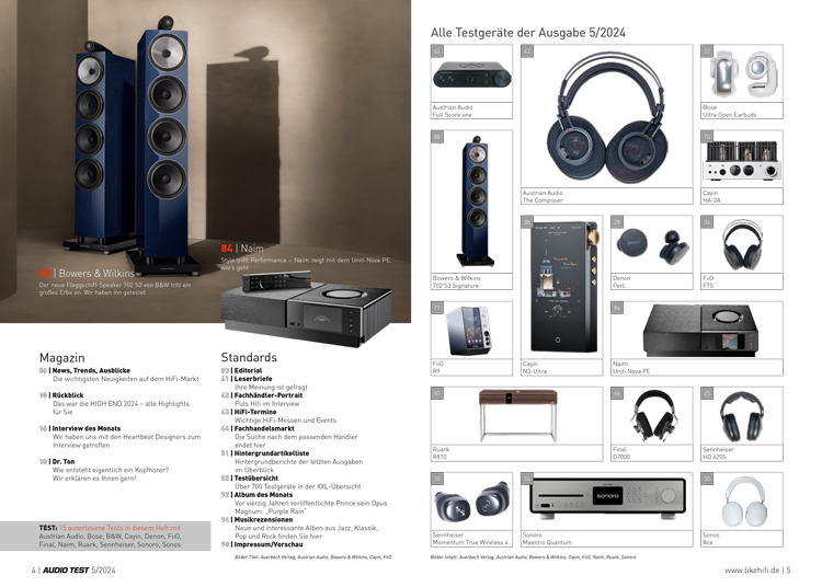 AUDIO TEST Ausgabe 05 2024 Magazin Inhalt High End Lautsprecher Kopfhörer