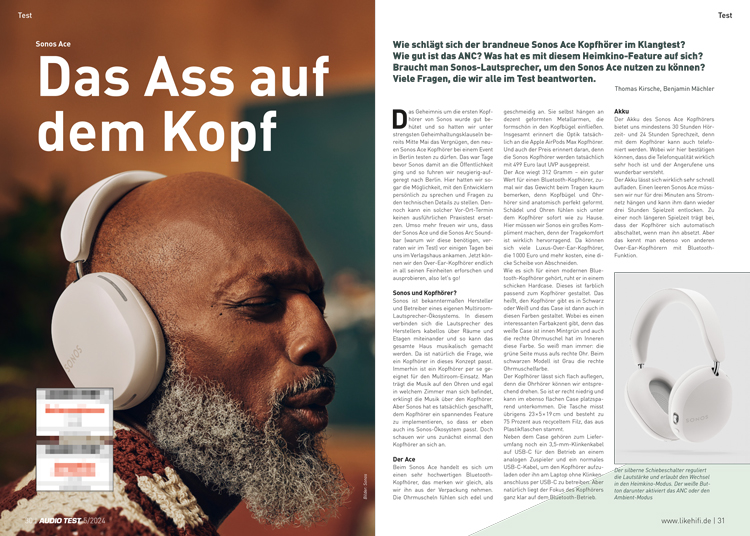 AUDIO TEST Ausgabe 05 2024 Magazin Kopfhörer Sonos Ace