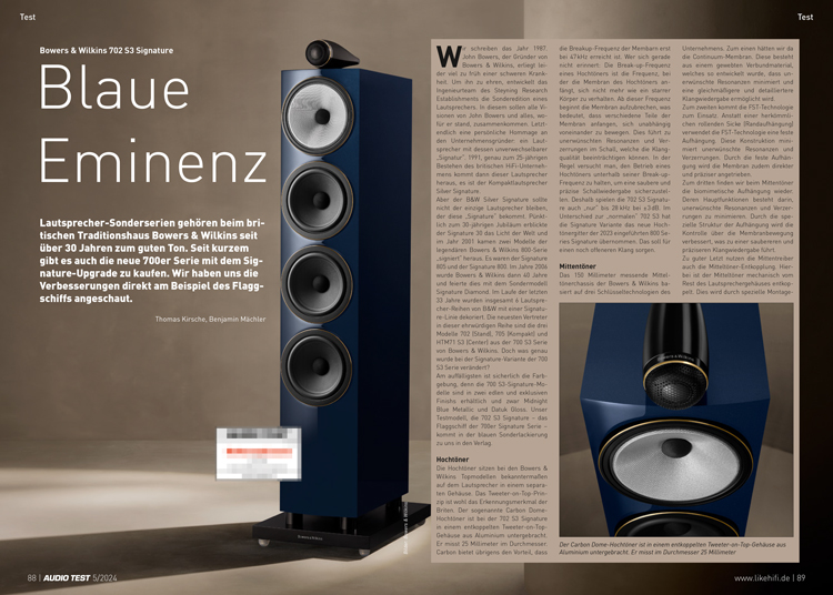 AUDIO TEST Ausgabe 05 2024 Magazin Lautsprecher Bowers & Wilkins 702 S3 Signature