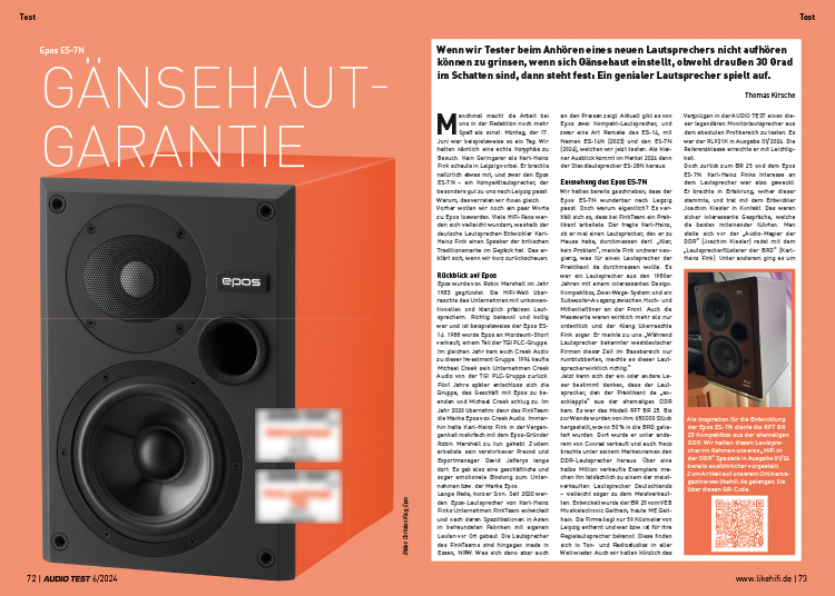 AUDIO TEST Ausgabe 06 2024 Magazin Epos ES-7N Lautsprecher Kompaktbox
