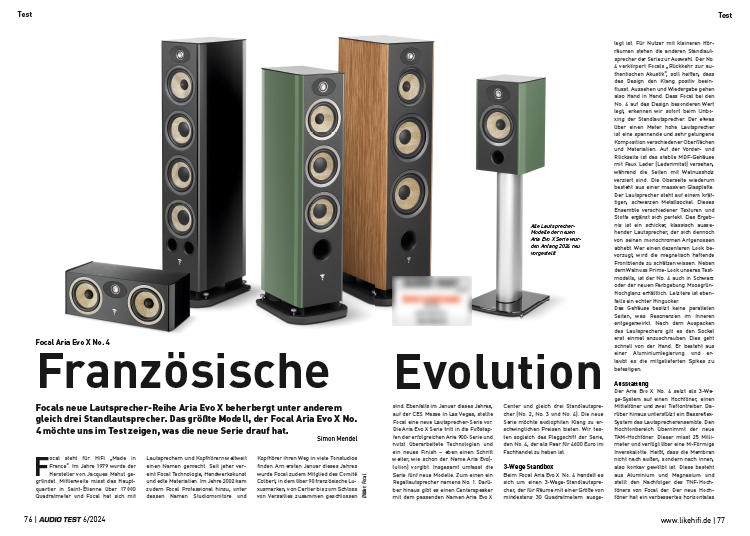 AUDIO TEST Ausgabe 06 2024 Magazin Focal Aria Evo X No. 4 Lautsprecher Standbox