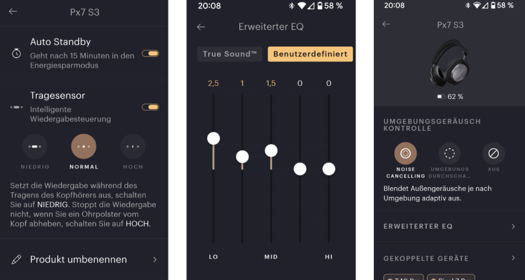 Screenshots der App der Bowers & Wilkins Px7 S3
