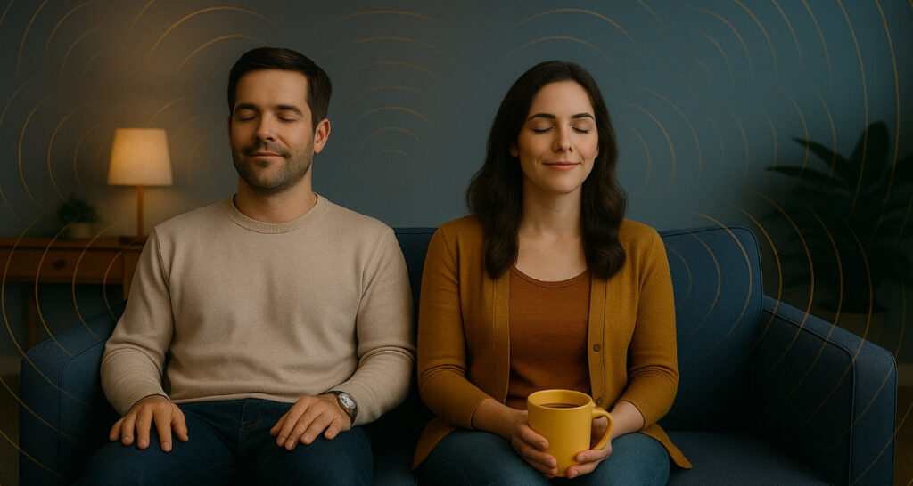 Mann und Frau sitzen auf Sofa und hören 3D-Musik, symbolisiert durch Wellen