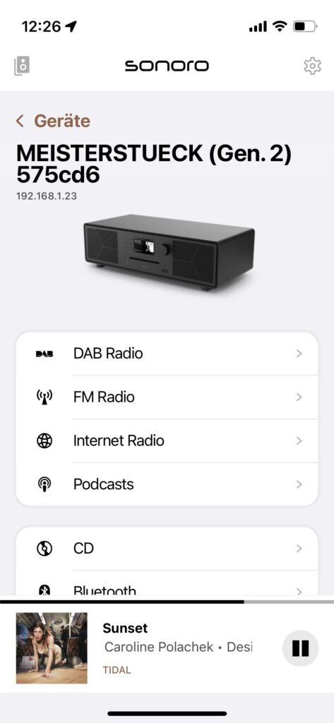 Screenshot der Sonoro Audio App
